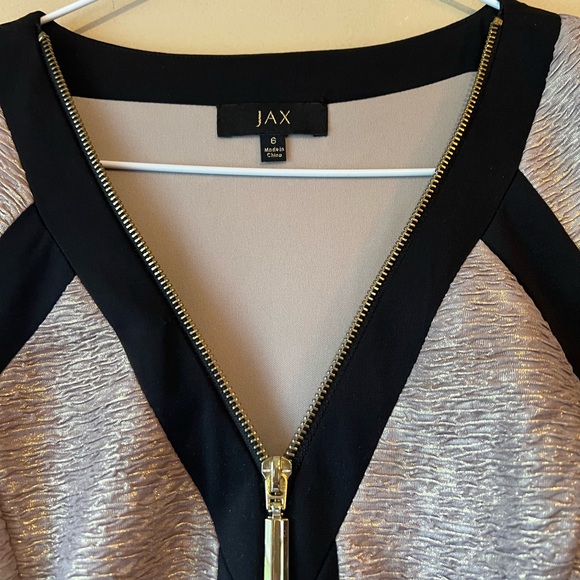 JAX Sheath Gold/Black Bodycon Dress SZ 6 Medium Short Sleeve Full Front Zipper - Picture 13 of 16